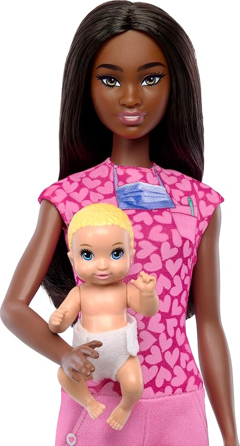 Barbie Baby Doctor with Brunette Fashion Doll Wearing Pink Scrubs, 1 Baby Doll with Accessories & Furniture