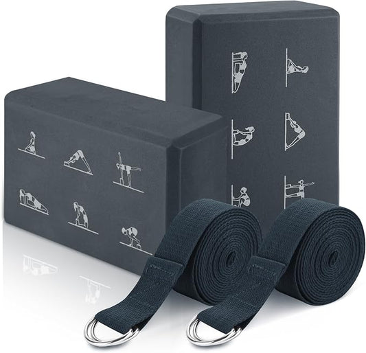 RETON Yoga Blocks Set with Straps, High Density Yoga Bricks, Lightweight EVA Foam Pilates Block, 2 Yoga Blocks with 2 Straps for Yoga, Pilates, Fitness, Stretching and Toning