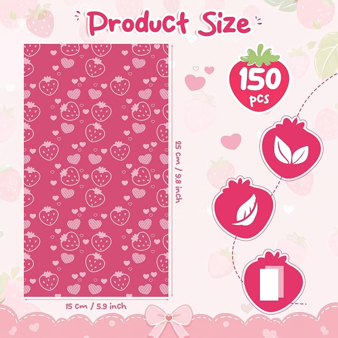 Eccliy 150 Pcs Sanitary Napkin Disposal Bags, 9.8''x5.9'' Thick Pink Strawberry Feminine Hygiene Waste Bags, Disposable Tampon Trash Bag for Women Privacy, Diaper Sack, Personal Care for Home Travel