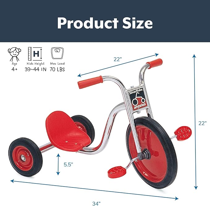Angeles Kids Tricycle, Toddler Tricycle with Solid Airless Rubber Tires, Kids Bike for Preschools and Daycare, Ages 4+, SilverRider 5.5" Tall Seat
