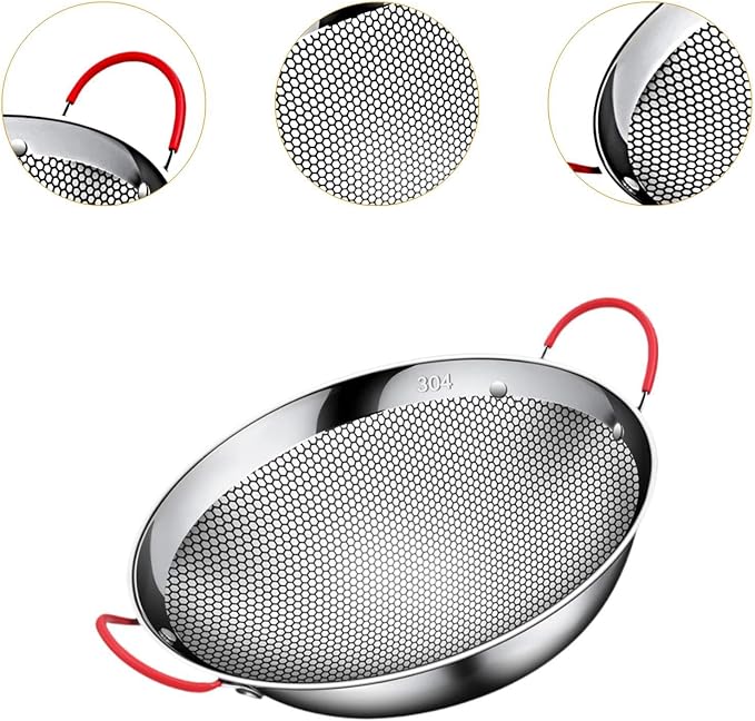 Stainless Steel Cookware Pan Frying Pan Non Stick Soup Pot Multipurpose Double Handle Wok Korean Grill Pan for Barbecue Hotel, 10inch Without Lid