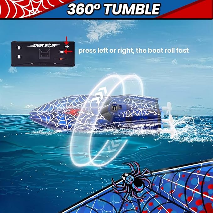 Mini Remote Control Boat RC Boat 2.4Ghz 360 Rotating LED Lights bulit-in Rechargeable Battery Swimming Pool BathtubToys Remote Control Boats for Kids 8-12 Years Birthday Gift Spider