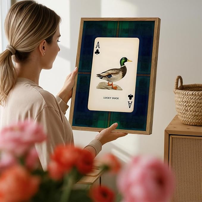 Vintage Mallard Duck Wall Art Cottage Core Hunting Lucky Duck Wall Decor Picture Dark Wildlife Playing Card Poster Canvas Print Painting for Farmhouse Bedroom Living Room 12x16 inch Wood Framed