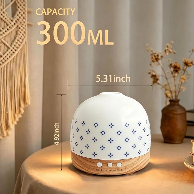 Essential Ceramic Diffuser Round Aroma Luruxy Porcelain Diffuser Luxury 300ml Night Light Captivating Exquisite Blue and White Patterned Elegance Nano Water Mist Humidifier