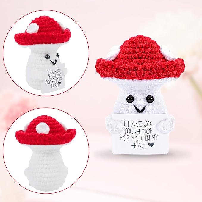 Hoedia Handmade Emotional Pickle Gift, Cucumber Crochet Doll Inspirational Gifts with Cards, Cute Knitted Funny Support Pickle Potato Friend Birthday (Emotional Mushroom)
