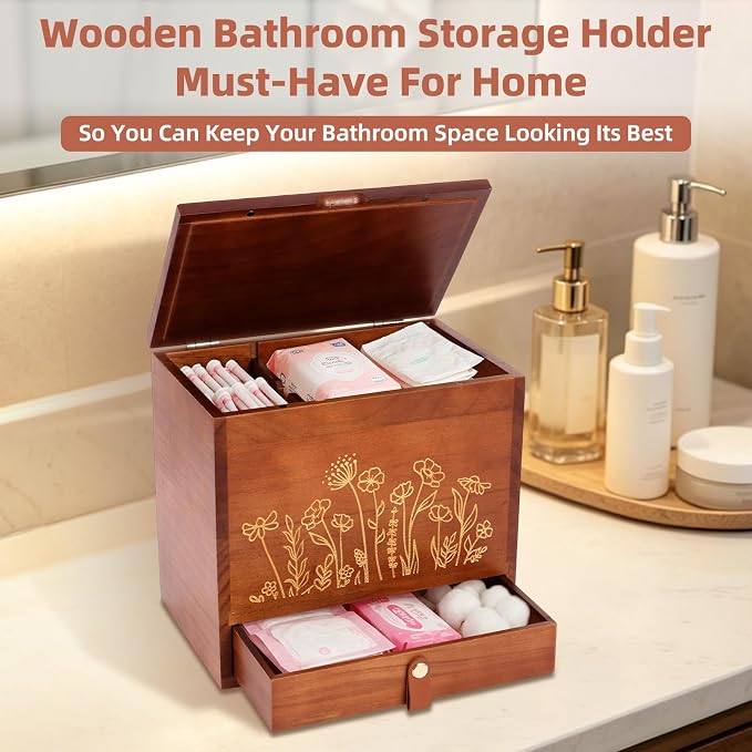 2-Layer Solid Wood Tampon Box Storage Organizer, 100% Wood Bathroom Feminine Accessories Holder with Drawer, Dual-Compartment Holder for Pads, Tampons, & Liners, Gold Floral, Gifts for Women