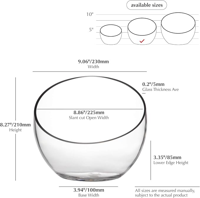 WGV Slant Cut Bowl Glass Vase, Width 9", Height 8.25", Clear Terrarium, Candy Dish, Fruit Jar, Floral Container for Wedding Party Event, Home Office Decor, 1 Piece