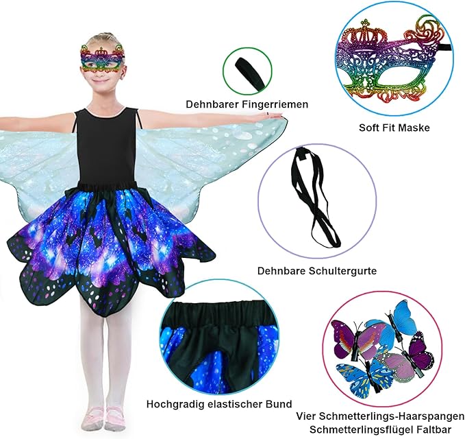 Kids Butterfly Wings Costume for Girls Fairy-Wings Toddler Dress Up Play Costumes Butterfly Skirt Set Mask Party Favors Gifts（starsky blue）