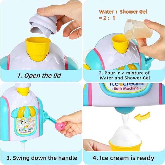 Bath Toys for Kids Ages 3-5, Ice Cream Bath Machine, Bubble Bath Toy, Ice Cream Foam Maker Bathtub Toy with Anti-Slip Buckle Not Fall, Bathtub Shower Toys for Toddlers Ages 6-12-18 Month