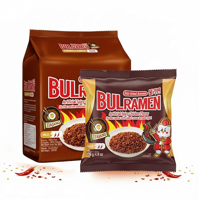 Korean Food Bulramen Stir-Fried Jjajang Black Bean Instant Noodles 5 Packs | Stir-fried Korean black bean instant noodles with spicy chicken-style flavor. Includes 5 convenient packs.
