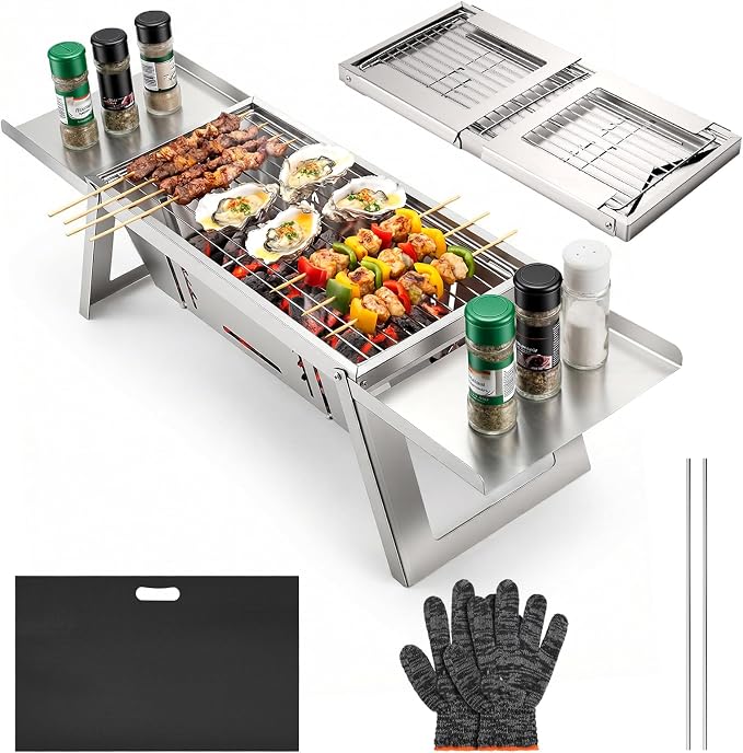 Small Portable Folding Charcoal BBQ Grill for Camping Picnic Garden Terrace | Mini tabletop barbecue with 4-level heat control, easy to operate, practical outdoor gear for backyard and outdoor gatherings