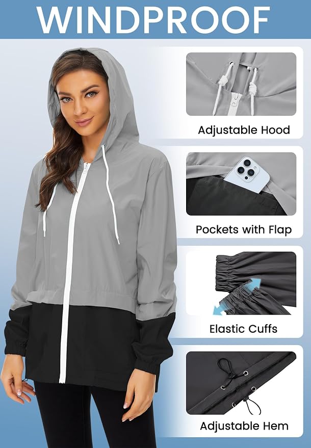 Zando Lightweight Rain Jacket Women Packable Waterproof Raincoat with Hood | Windbreaker Jacket Women, Light Raincoats for Drizzle, Rain Coats for Travel, Hiking and Commute