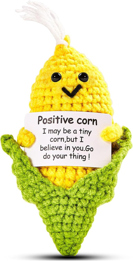 Hoedia Handmade Emotional Pickle Gift, Emotional Cucumber Crochet Doll Inspirational Gifts with Cards, Cute Knitted Funny Support Pickle Potato Friend Birthday (Positive Corn)