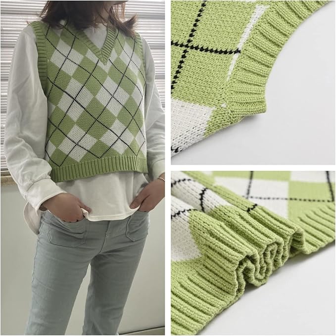 Women's Sweater Vest,Y2K Sleeveless Pattern Preppy Style Knitted Crop Tank Top for Girl
