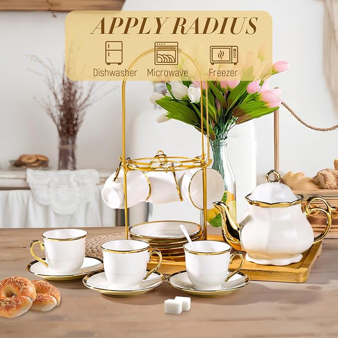 20 Pcs Porcelain Tea Set with Metal Holder, European Ceramic Tea Set for Adults, Coffee Tea Gift Sets, French Tea Cup Saucer Set for Party With Gold Trim (French White)