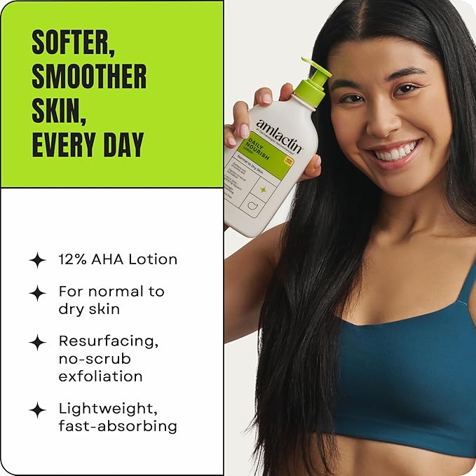 AmLactin Daily Nourish Therapeutic Body Lotion for Dry Skin - No-Scrub Exfoliator and Moisturizer 12% Lactic Acid Lotion,14.1 oz (Packaging May Vary),(Pack of 2)