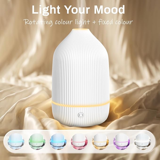 Essential Oil Diffuser, 100ml Aromatherapy Diffuser, White | Ultrasonic Cool Mist Humidifier, 7 Color LED Lights, Auto Shut-Off, Diffuser for Home, Bedroom, Office, Yoga