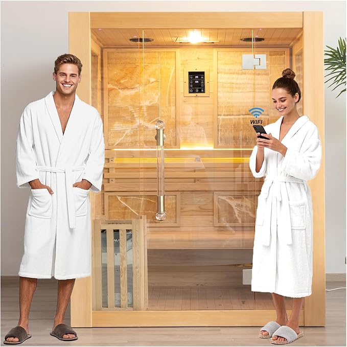 Smartmak Wood Home Steam Sauna, WiFi Control 3 Person Canadian Hemlock Traditional Luxurious Wooden Indoor Spa Room, with 4.5 kw Harvia Stove, Speaker, Rocks, Water Bucket, Spoon, Sky Lights