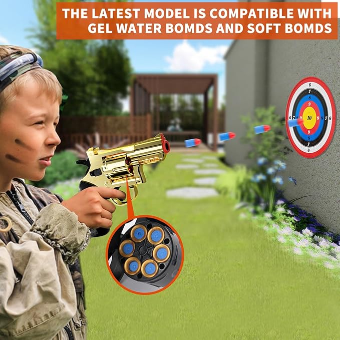 Toy Gun Soft Bullet Toy Revolver, Can fire Sponge Bullets,with 40 Bullets,for Age of 6 7 8 9 10+ Years Old Kid Boys Girls（Gold）