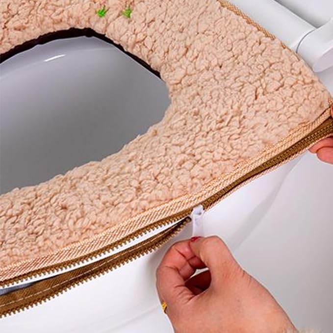 Warm Plush Toilet Seat Cover:Thicken Toilet Seat Pad with Hanging Loop and Zipper, Bathroom Soft Toilet Seat Covers Washable Cushion (Brown)