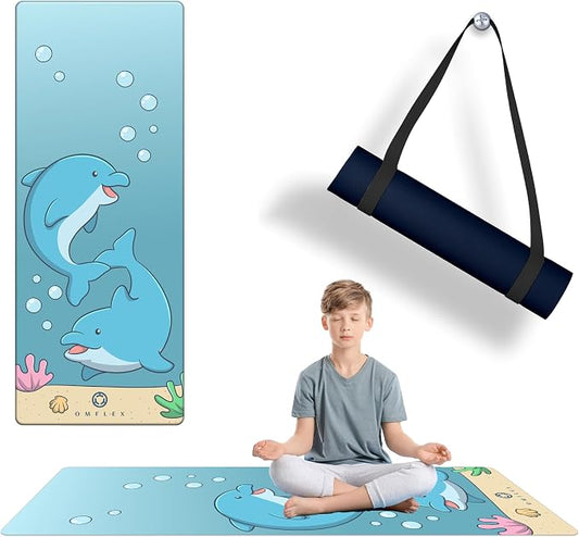 Kids Yoga Mat with Carrying Strap – 60"x24" Non-Slip Premium Exercise Mat for Kids, 3mm Thick Non-Toxic, PVC-Free Play Mat for Children, Dolphin, Car & Supergirl Designs