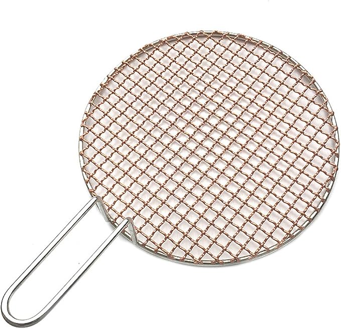 Copper Barbecue Grill Netting with Handle Round Barbecue Wire Mesh Steaming Cooling Baking Net for Korean BBQ