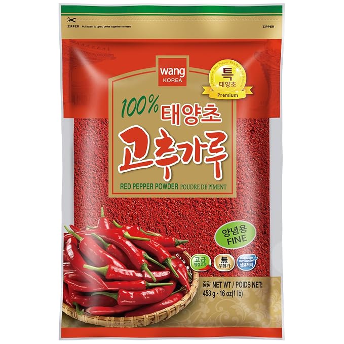 Wang Sun-Dried Fine Gochugaru for Kimchi | Red Pepper Flakes, Chilli Powder, 1 Pound