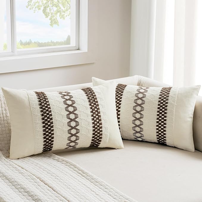 MIULEE Set of 2 Dark Brown Boho Decorative Lumbar Pillow Covers 12x20 Inch | Fall, Farmhouse Couch Throw Pillows, Modern Cotton Cushion Covers, Macrame Woven Home Decor for Bed Sofa Chair