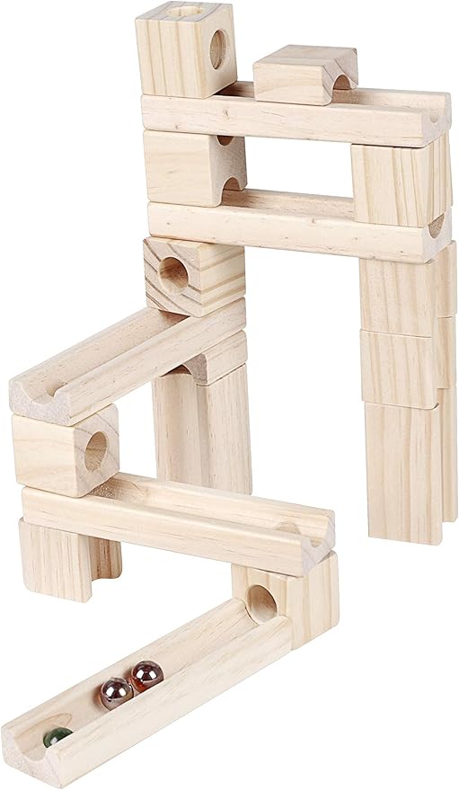 Wooden Marble Run STEM Learning Toys for Kids 4-8 | 60+ Expandable Building Blocks with Glass Marbles & Guide | Safe Birchwood Construction (ASTM Certified)