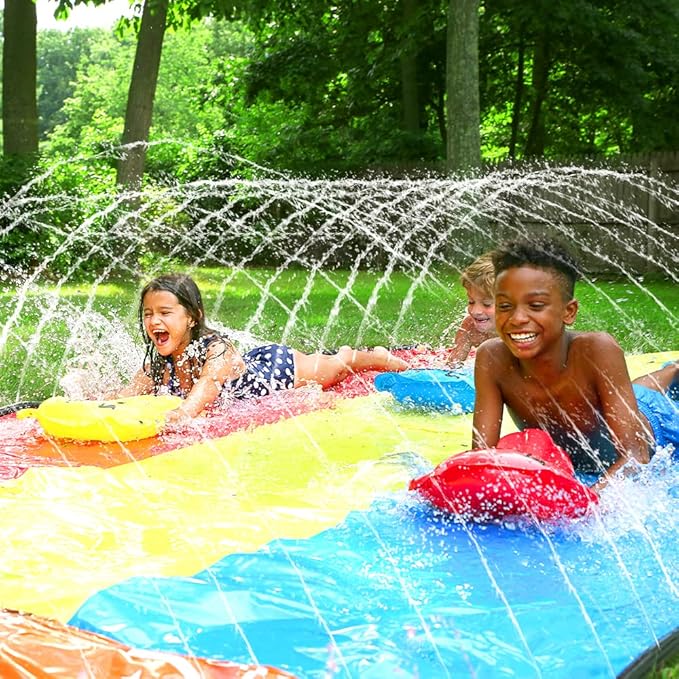 JAMBO Premium 16Ft Slip Splash and Slide and 3 Bodyboards, Heavy Duty Water Slide - 3-Way Sprinkler System, Splash Mat Pad, Backyard Outdoor Water Toys n Slides for Kids