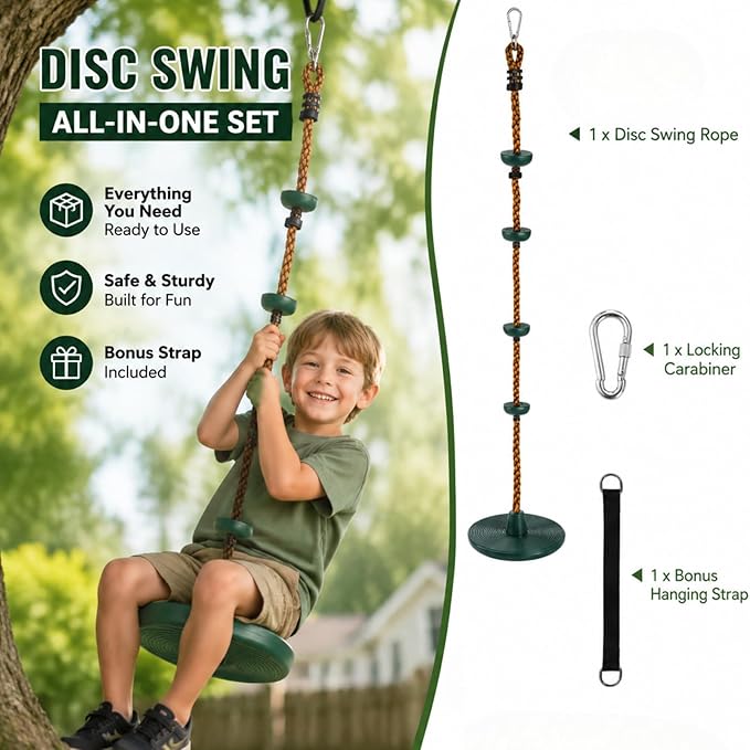 ZENFUN Climbing Rope with Platform and Disc, Tree Swing Seat Set Outdoor Playground Accessories Including Bonus Hanging Strap & Carabiner, Secure Trees House Swings, Gym Backyard, Max Load: 220lb