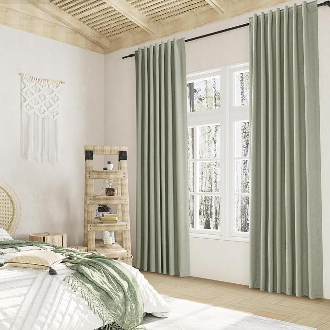 Guken 100% Blackout Linen Curtains 42 Inch Wide by 96 Inch 2 Panels Set for Living Room Bedroom Back Tab Thermal Insulated Black Out Linen Drapes Room Darkening Window Curtains, Sage Green