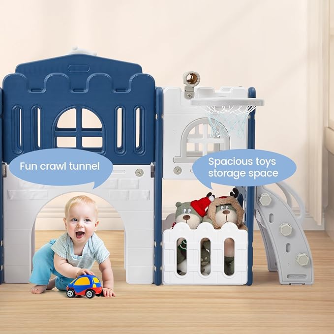 GarveeLife 8-in-1 Toddler Indoor Playground with Slide: Baby Slide Playset for Toddlers Ages 1-3 Outdoor Play, Kids Slide Includes Basketball Hoop, Climber, Crawling Tunnel, Telescope, Toy Storage