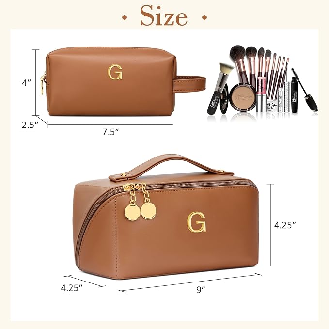 KKXIU Initial Makeup Bag for Women - Personalized Makeup Bag Gifts for Women, Travel Toiletry Bag with PU Leather, Open Flat Design with Top Handle, Cosmetic Bag Set with Multi-Pocket (Brown,G)