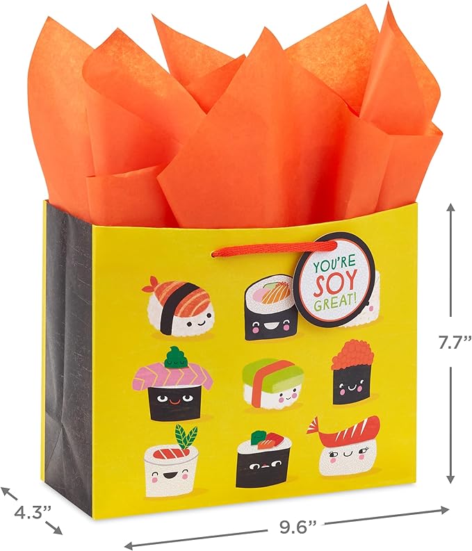 Hallmark 7" Medium Horizontal Gift Bag with Tissue Paper and Gift Tag (Sushi, You're Soy Great!) for Birthdays, Graduations, Congrats, Thank You