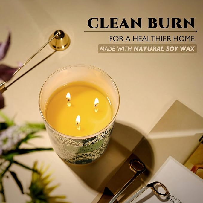 HomeLights Soy Wax Candles for Home Scented, 3-Wick Candles in English Pear & Suede Scented, Bohemian Natural Textures Aromatherapy Candles Gift for Parties, Relaxing, 34oz