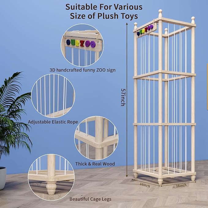 Stuffed Animal Storage Wood Toy Storage Organizer, Upgraded Design from Bean Bag Stuffed Animal Hammock Plushie Net, Large Toy Chest Stuffed animal holder for Kids Nursery Playroom Bedroom （XL）