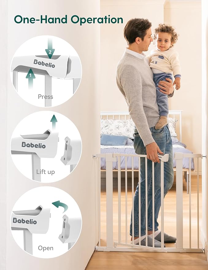 Babelio 26-40" Wide Baby Gate for Stairs & Doorways, 3 Ways Locking System with Auto-Close, Pressure Mounted No Drilling, Easy Install for Stairs, Hallway, Kitchen, Indoor Use, White (2 Pack)