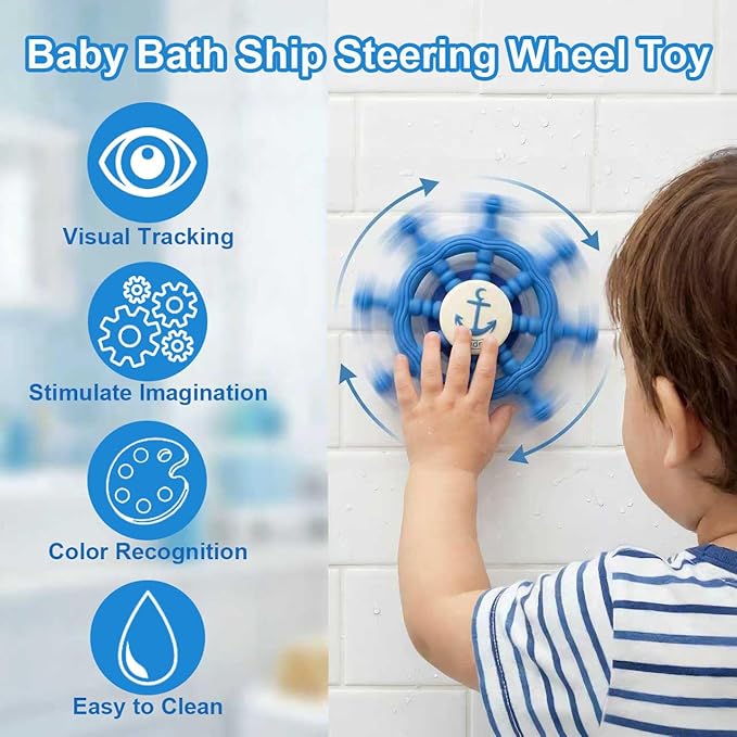 Baby Suction Spinner Toys for Bathtub, Silicone Toddler Bath & High Chair Toys for 1 Year Old Boy/Girl Birthday Gift, Interactive Ship Steering Wheel InfantToy for Car Window Travel