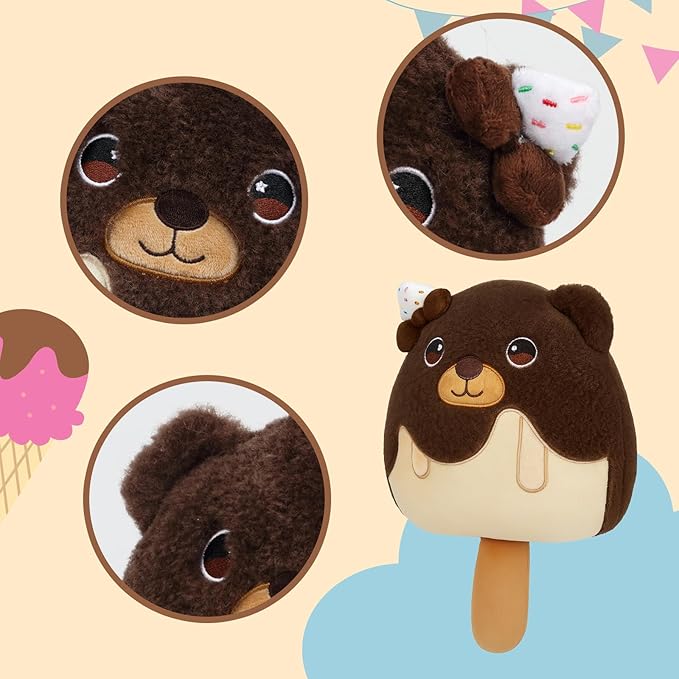 Adorable Ice Cream Plush Pillow with Chocolate Bear Soft Plush Toy Cuddly Stuffed Animal Toy for Kids Birthday Gift for Boys and Girls