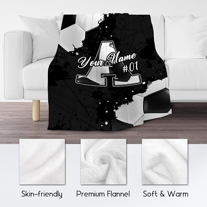 COZYAURA Custom Soccer Blanket - Personalized Initial Name Gifts for Boys Girls - Cozy Plush Sports Fleece Throw - 50x60 Inches Large Blankets for Teens - Cool Ideas Decor for Soccer Lovers