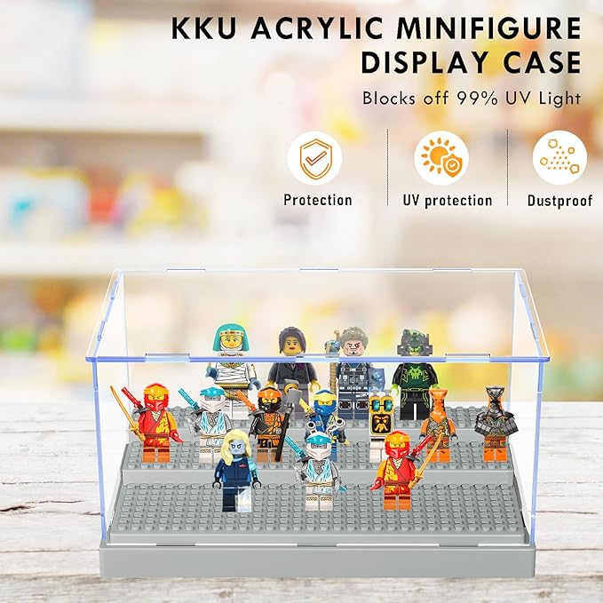 KKU Display Case for Figures, Minifigure Display Case Box Storage 10" X 6.1" X 5.4", Action Figures Blocks for Display with 3 Movable Steps