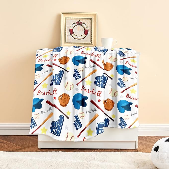 Wajade Baseball Gifts for Boys Girls - Baseball Blanket Birthday Christmas Decor for Kids Age 3 4 5 6 7 8 9 10 11 12 Years Old Teens Child Toddler Throw White 60"x80"