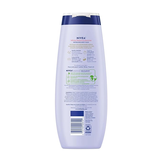 NIVEA Refreshing White Peach and Jasmine Body Wash with Nourishing Serum,Scented Body Wash for Women,Enriched with Provitamin B5 and Vitamin E,20 Fl Oz Bottle,(Pack of 6)