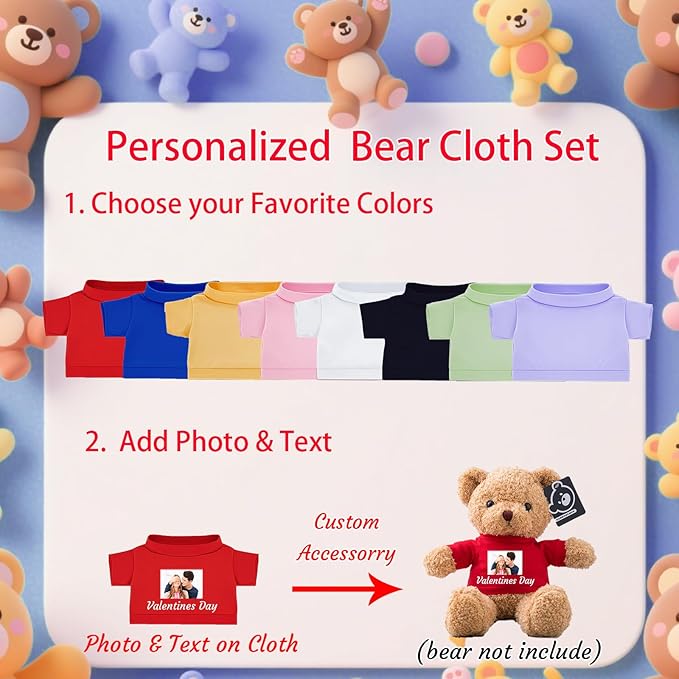 12 Pcs Custom Teddy Bear Clothes with Name Photo, Personalized Stuffed Animal Clothes for Teddy Bears Fit 8-16inch Stuffed Bear Clothing, Custom Doll Outfit Make Your Own Plush Doll Shirt