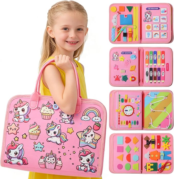 Busy Board Montessori Toys, Educational Activity Book Board Sensory Travel Toys for Toddler, 8 in 1 Preschool Learning Activities, Toddler Girl Airplane Car Travel Toy.