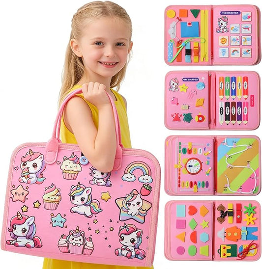 Busy Board Montessori Toys, Educational Activity Book Board Sensory Travel Toys for Toddler, 8 in 1 Preschool Learning Activities, Toddler Girl Airplane Car Travel Toy.