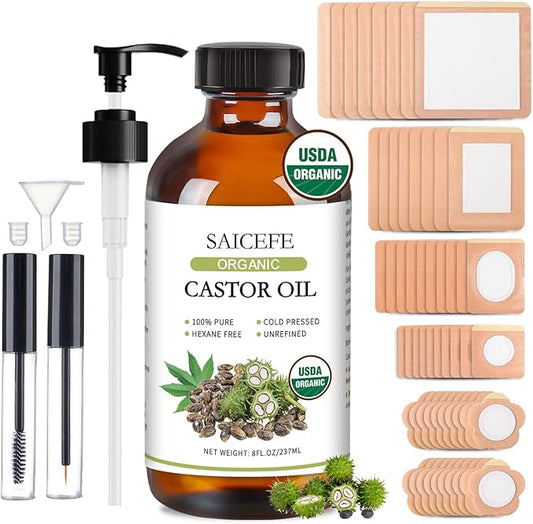 56pcs Castor Oil Patches with Caster Oil Organic Cold Pressed Unrefined Glass Bottle 8oz, Castor Oil Pack Wrap for Belly, Neck, Back, Arms, and Hair Growth (with Eyelash Kit)