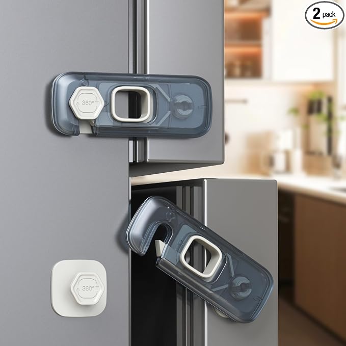 2-Pack Fridge Locks, Child Proof Refrigerator/Freezer Door Lock, Child Safety Cabinet Lock with Adhesive Pads -Freezer Latch to Keep Door Closed for Latches,Drawer,Closets,Oven (Clear-Blue)
