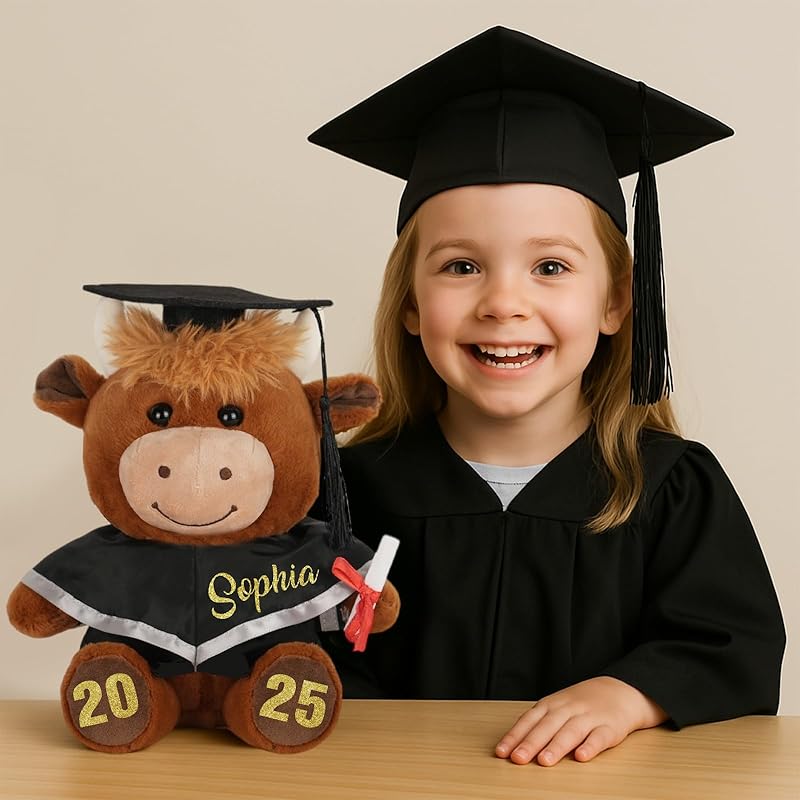 Custom Graduation Highland Cow with Name Date, Personalized 2025 Graduation Stuffed Animal for Kids Students, Cute Pre K Kindergarten High School College Grad Gift for Him/Her